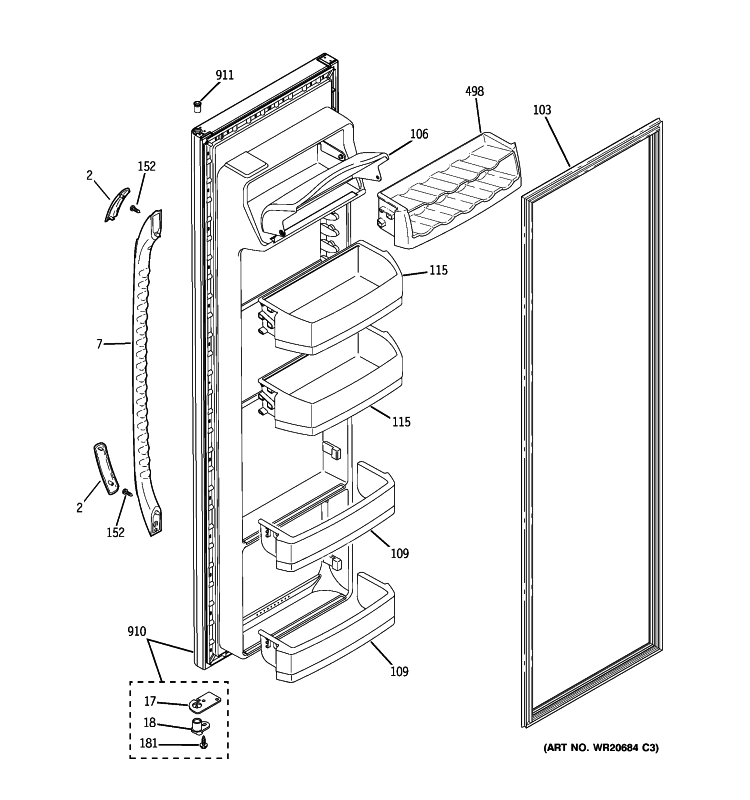 FRESH FOOD DOOR Diagram and Parts List for GSF25IGXLWW  General Electric Refrigerator
