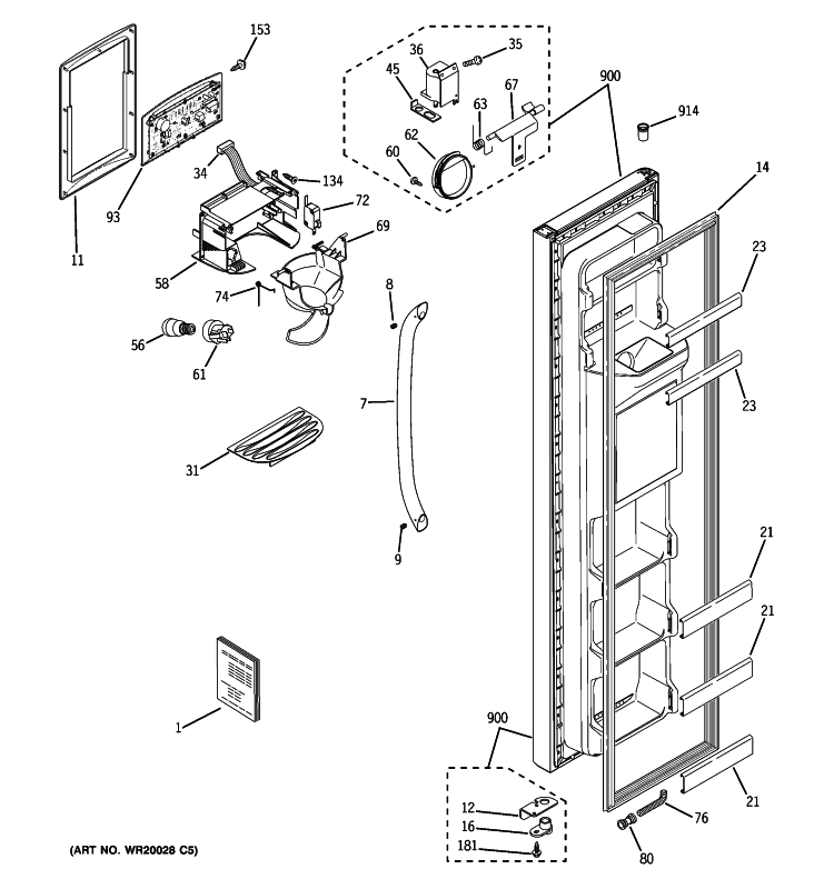 FREEZER DOOR Diagram and Parts List for GSH25ISXLSS  General Electric Refrigerator