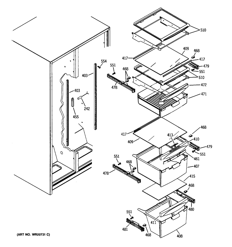 FRESH FOOD SHELVES Diagram and Parts List for GSL25JFXLLB  General Electric Refrigerator