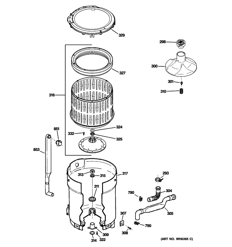 TUB, BASKET & AGITATOR Diagram and Parts List for GJRE5500K3WW  General Electric Washer