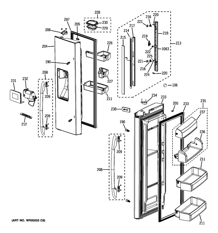 FRESH FOOD DOORS Diagram and Parts List for PFSF6PKXDBB  General Electric Refrigerator
