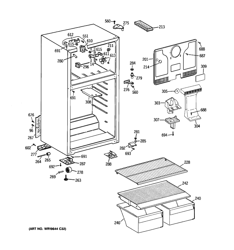 CABINET Diagram and Parts List for GTH18CBTZRCC  General Electric Refrigerator