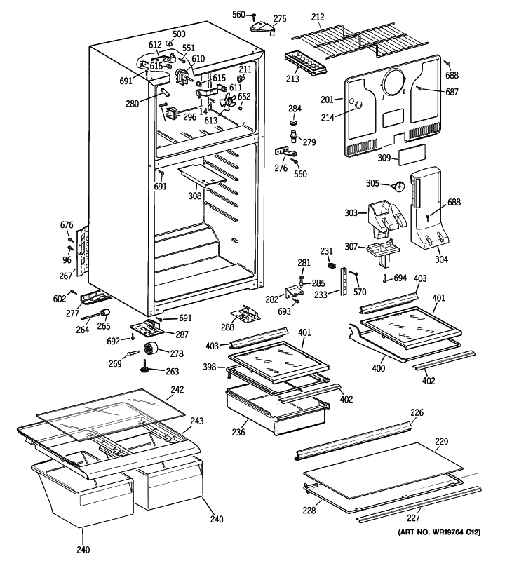 CABINET Diagram and Parts List for GTT18HBTZRCC  General Electric Refrigerator