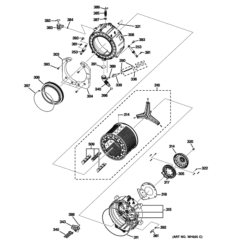TUB & MOTOR Diagram and Parts List for WCVH4800K0WW  General Electric Washer