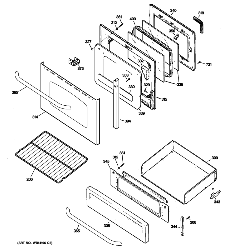 DOOR & DRAWER PARTS Diagram and Parts List for JGB3001ER1SS  General Electric Range