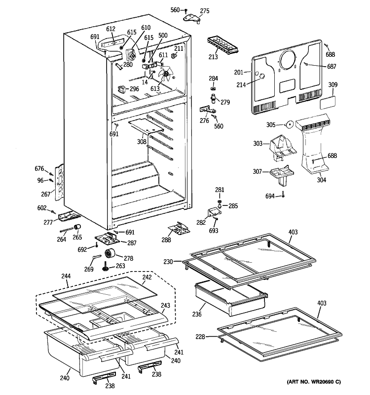 CABINET Diagram and Parts List for GTH17JBXZRWW  General Electric Refrigerator