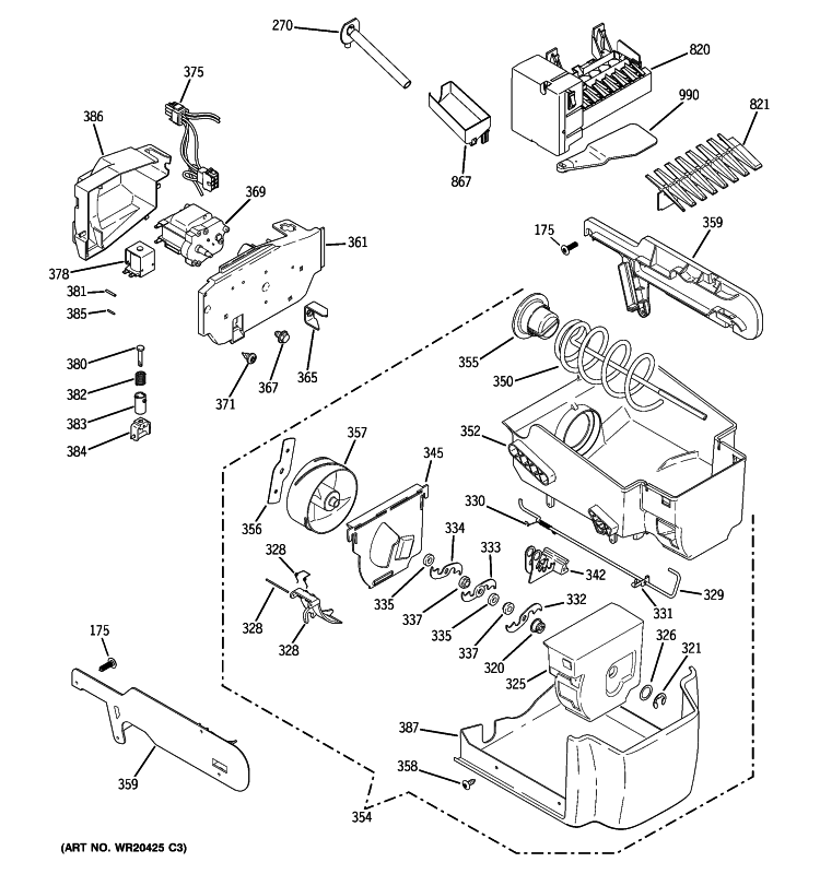 ICE MAKER & DISPENSER Diagram and Parts List for PJU25YGXAFSV  General Electric Refrigerator