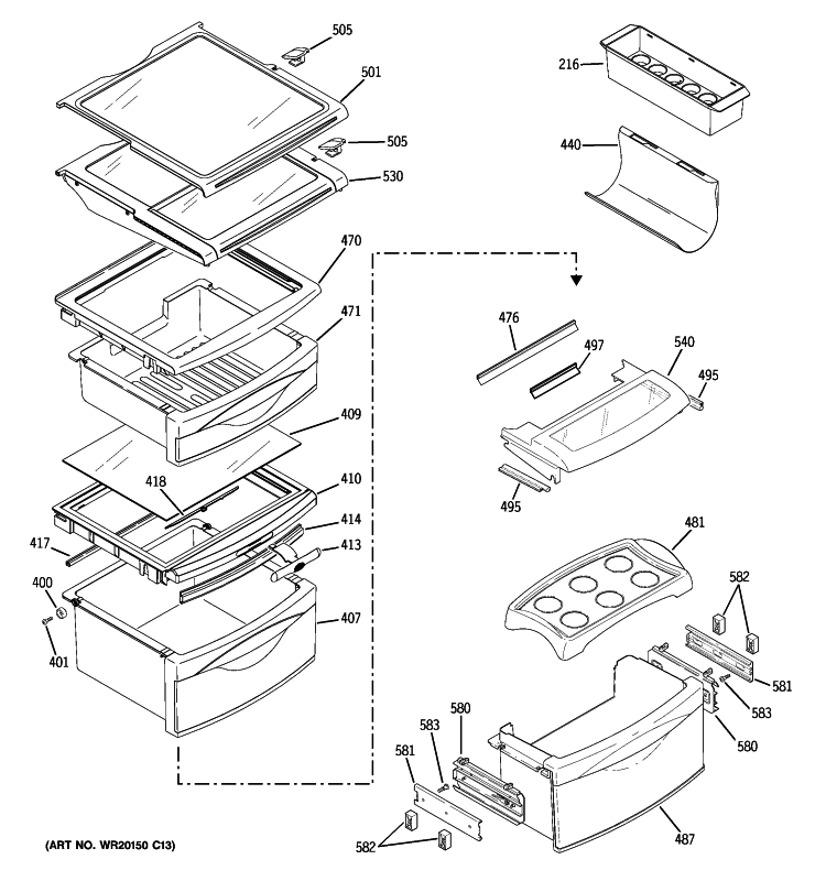 FRESH FOOD SHELVES Diagram and Parts List for PJU25YGXAFSV  General Electric Refrigerator