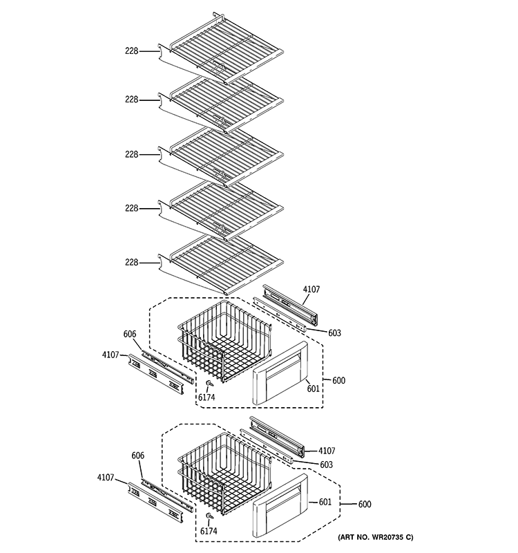 FREEZER SHELVES Diagram and Parts List for ZISP480DTASS  General Electric Refrigerator