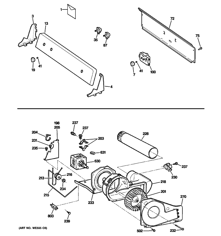 BACKSPLASH, BLOWER & MOTOR ASSEMBLY Diagram and Parts List for DJXR433GG8CC  General Electric Dryer