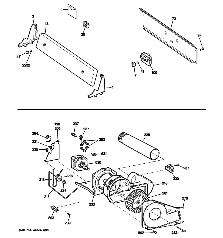 BACKSPLASH, BLOWER & MOTOR ASSEMBLY Diagram and Parts List for DVLR223GG8WW  General Electric Dryer
