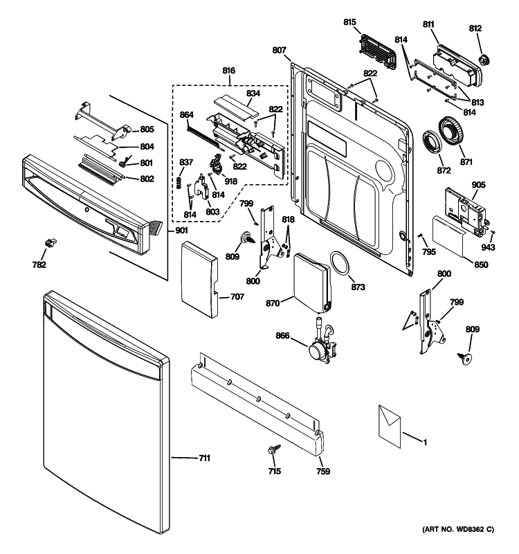 ESCUTCHEON & DOOR ASSEMBLY Diagram and Parts List for PDWF600R10WW  General Electric Dishwasher