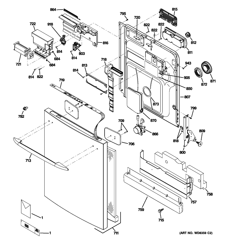 ESCUTCHEON & DOOR ASSEMBLY Diagram and Parts List for PDWT400R10BB  General Electric Dishwasher