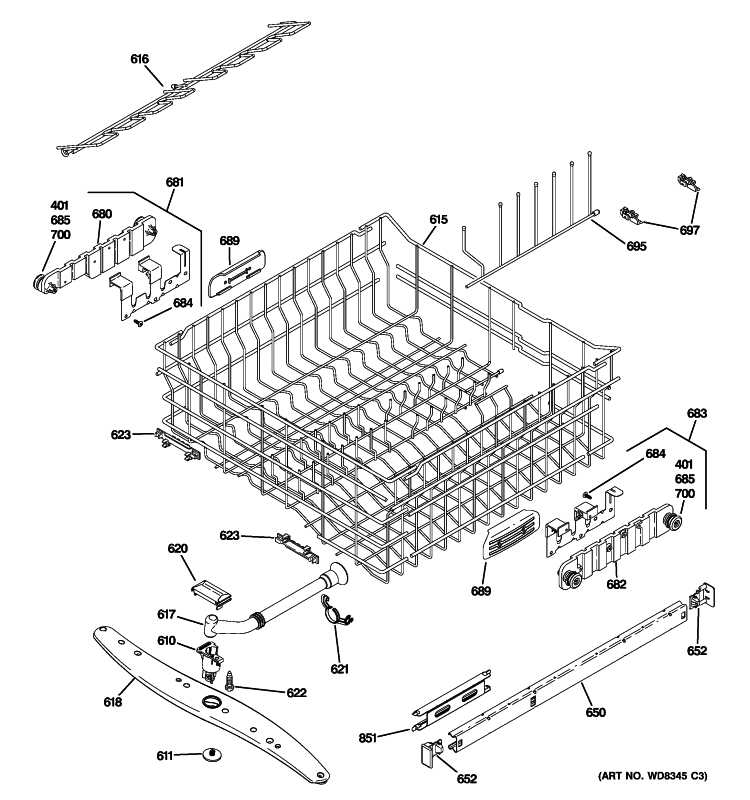 UPPER RACK ASSEMBLY Diagram and Parts List for PDWT400R10BB  General Electric Dishwasher