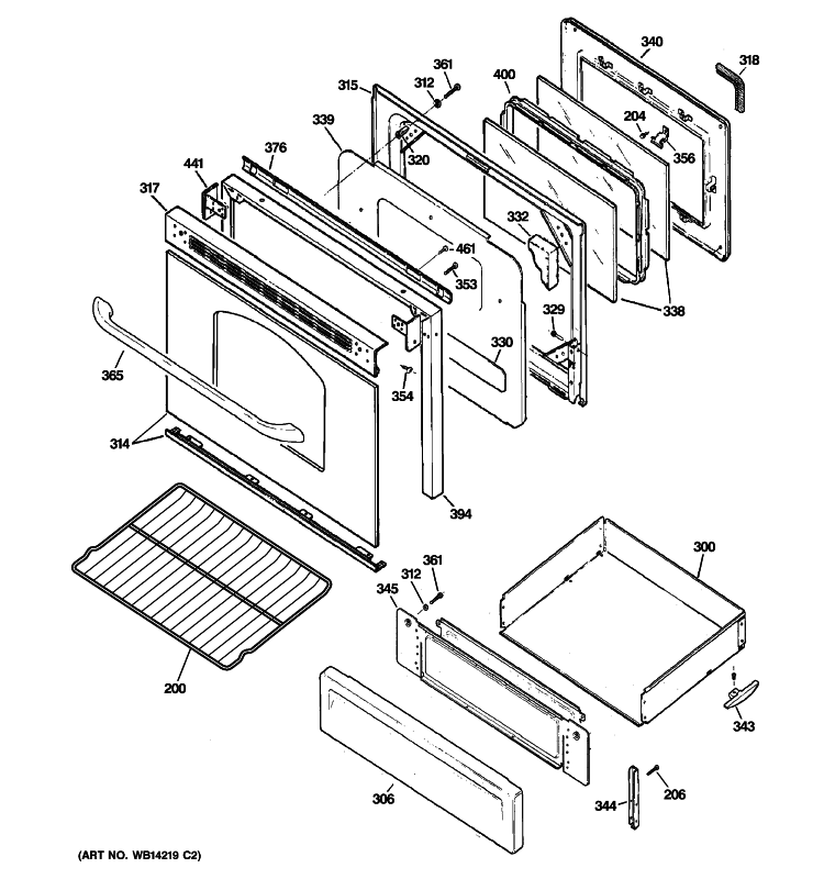 DOOR & DRAWER PARTS Diagram and Parts List for JGB281MER1BS  General Electric Range