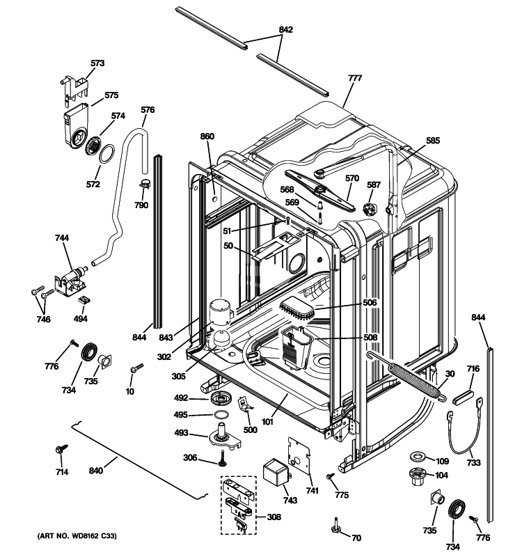 BODY PARTS Diagram and Parts List for GDWT160R10SS  General Electric Dishwasher