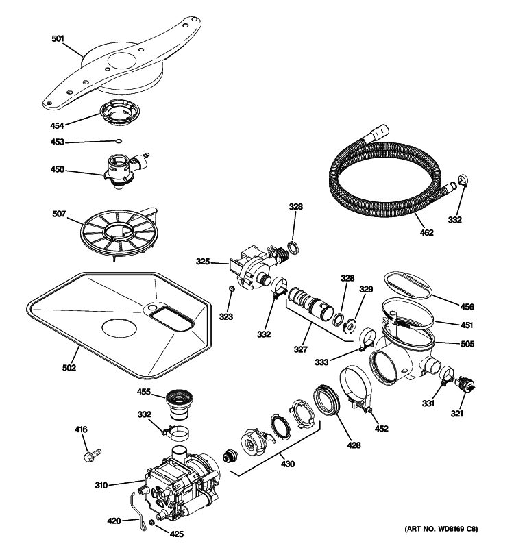 MOTOR-PUMP MECHANISM Diagram and Parts List for GDWT160R10SS  General Electric Dishwasher