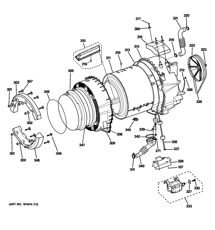 TUB & MOTOR Diagram and Parts List for GFWN1000L0WW  General Electric Washer