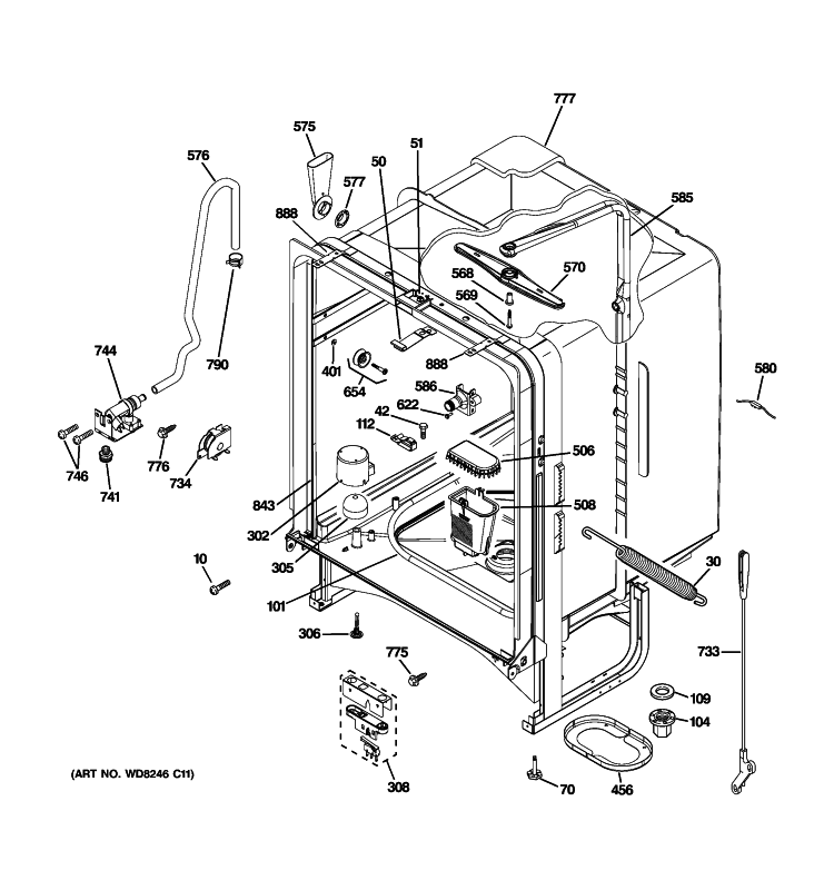 BODY PARTS Diagram and Parts List for GLC4400R05WW  General Electric Dishwasher