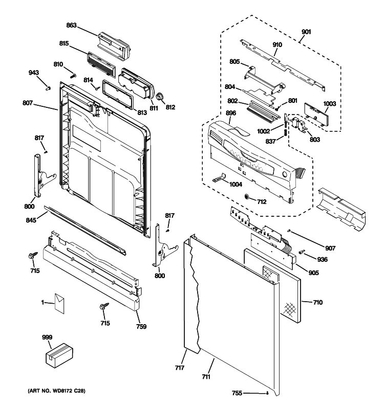 ESCUTCHEON & DOOR ASSEMBLY Diagram and Parts List for GLD2800T05WW  General Electric Dishwasher