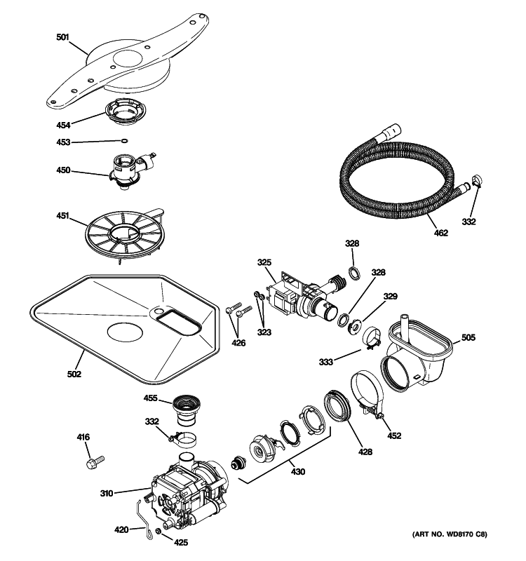 MOTOR-PUMP MECHANISM Diagram and Parts List for GLD2800T05WW  General Electric Dishwasher
