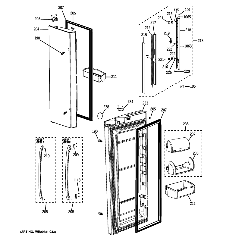 FRESH FOOD DOORS Diagram and Parts List for GFSF6KEXCBB  General Electric Refrigerator