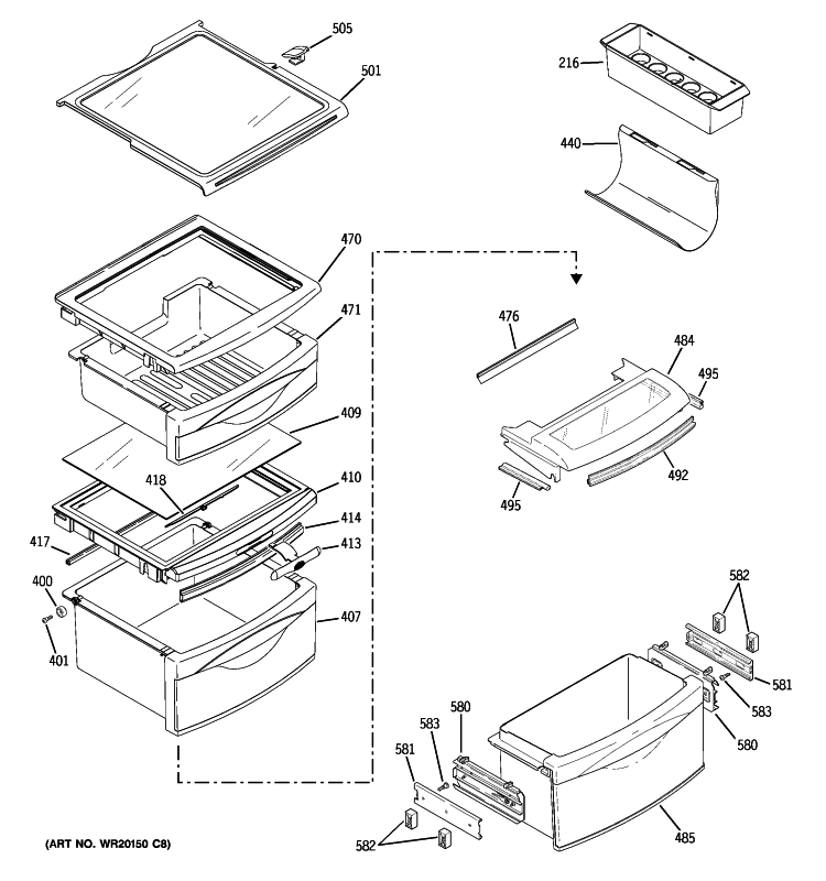 FRESH FOOD SHELVES Diagram and Parts List for GSK25LCWJCCC  General Electric Refrigerator