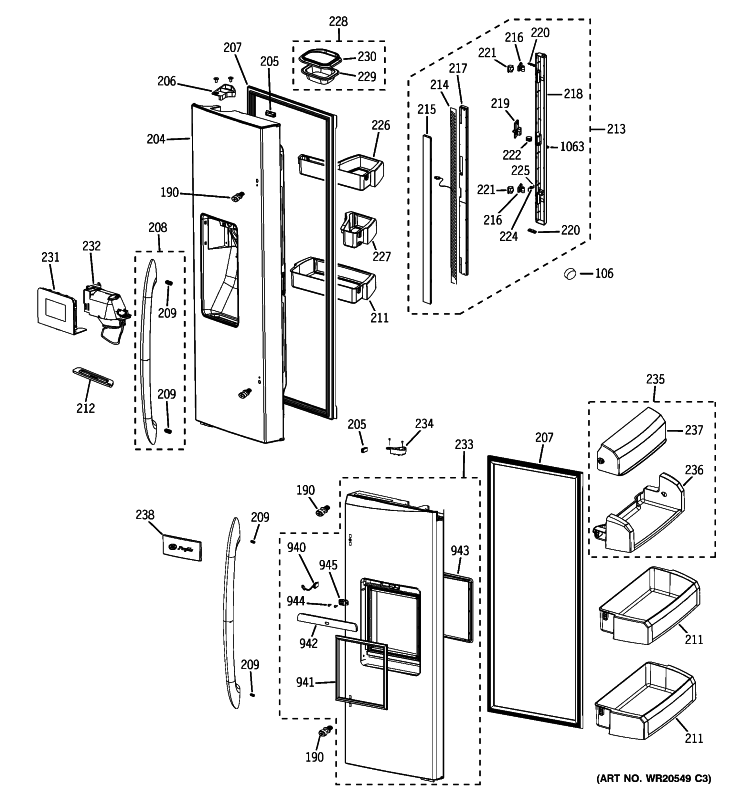FRESH FOOD DOORS Diagram and Parts List for PFSS6SMXESS  General Electric Refrigerator