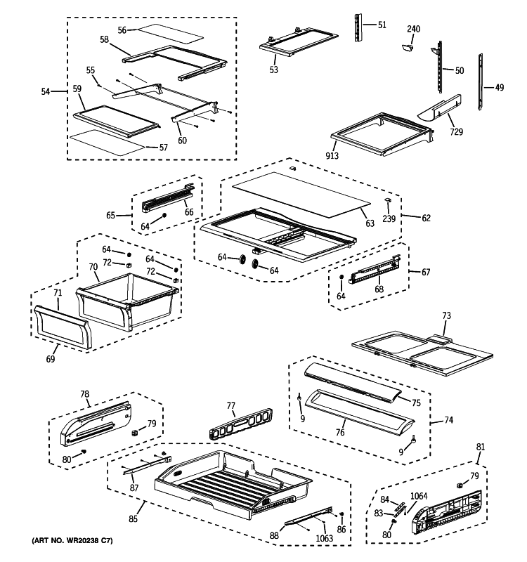 FRESH FOOD SHELVES Diagram and Parts List for PFSS6SMXESS  General Electric Refrigerator