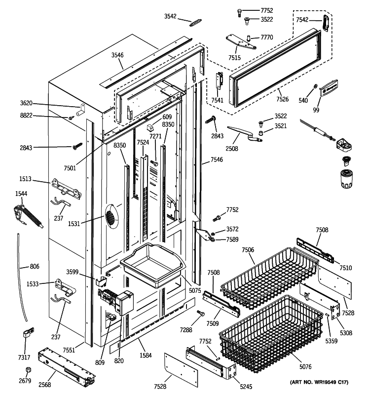 FREEZER SECTION, TRIM & COMPONENTS Diagram and Parts List for ZICP360NXARH  General Electric Refrigerator