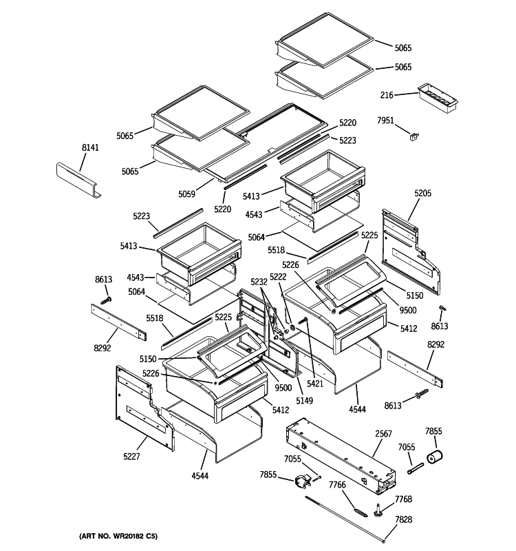 SHELVES & DRAWERS Diagram and Parts List for ZICP360NXARH  General Electric Refrigerator
