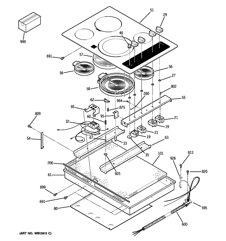 CONTROL PANEL & COOKTOP Diagram and Parts List for JP356SM3SS  General Electric Cooktop