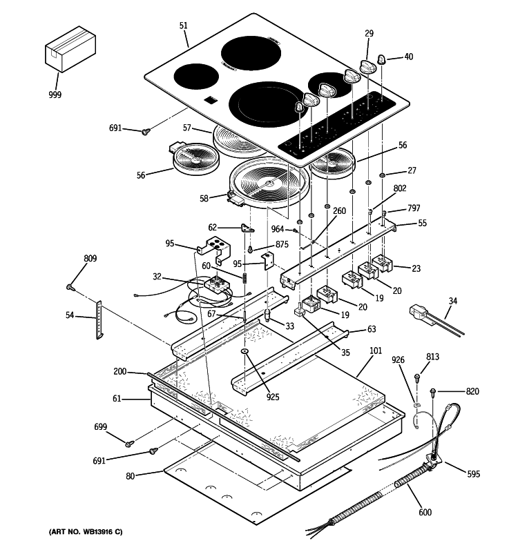 CONTROL PANEL & COOKTOP Diagram and Parts List for PCP912BM3BB  General Electric Cooktop