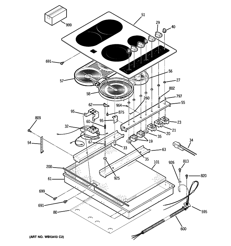 CONTROL PANEL & COOKTOP Diagram and Parts List for PCP932BM3BB  General Electric Cooktop