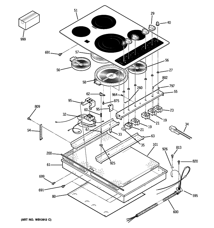 CONTROL PANEL & COOKTOP Diagram and Parts List for PP912SM3SS  General Electric Cooktop