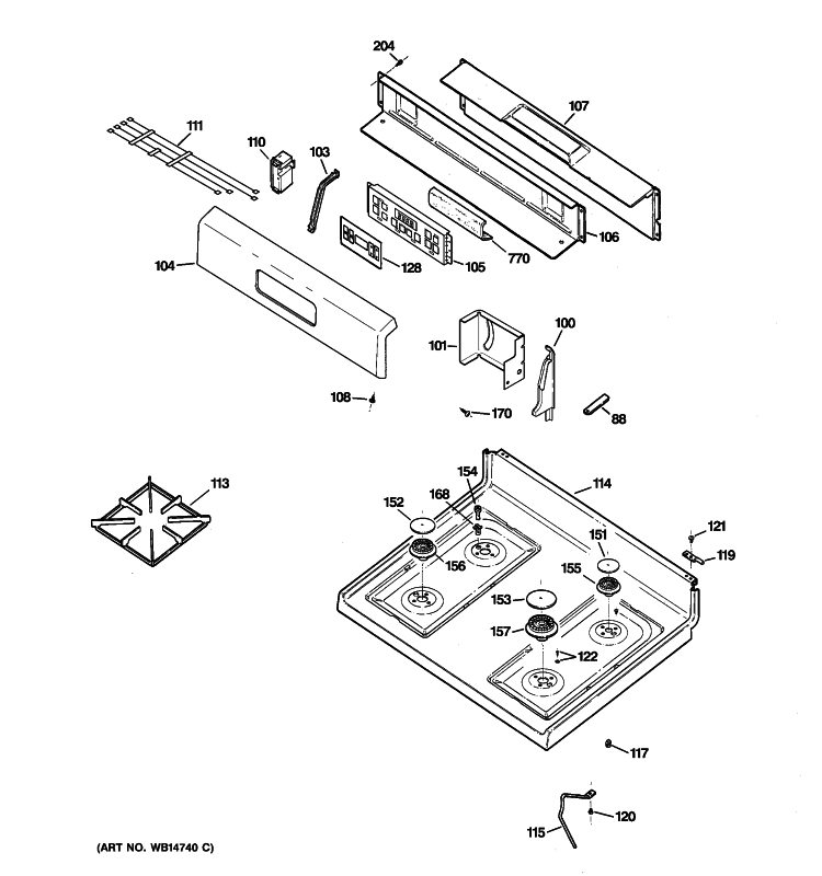 CONTROL PANEL & COOKTOP Diagram and Parts List for RGB740DEP4WH  Hotpoint Range