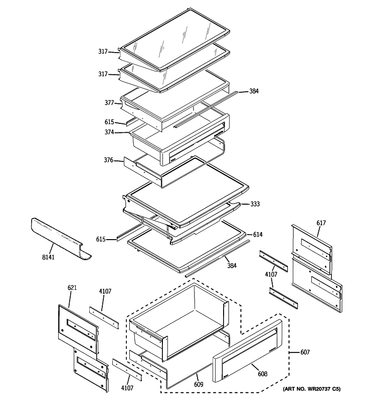 FRESH FOOD SHELVES Diagram and Parts List for ZISB360DXA  General Electric Refrigerator