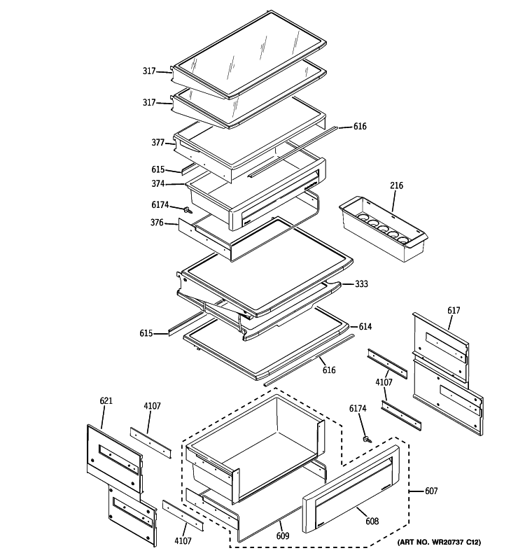 FRESH FOOD SHELVES Diagram and Parts List for ZISB360DXB  General Electric Refrigerator
