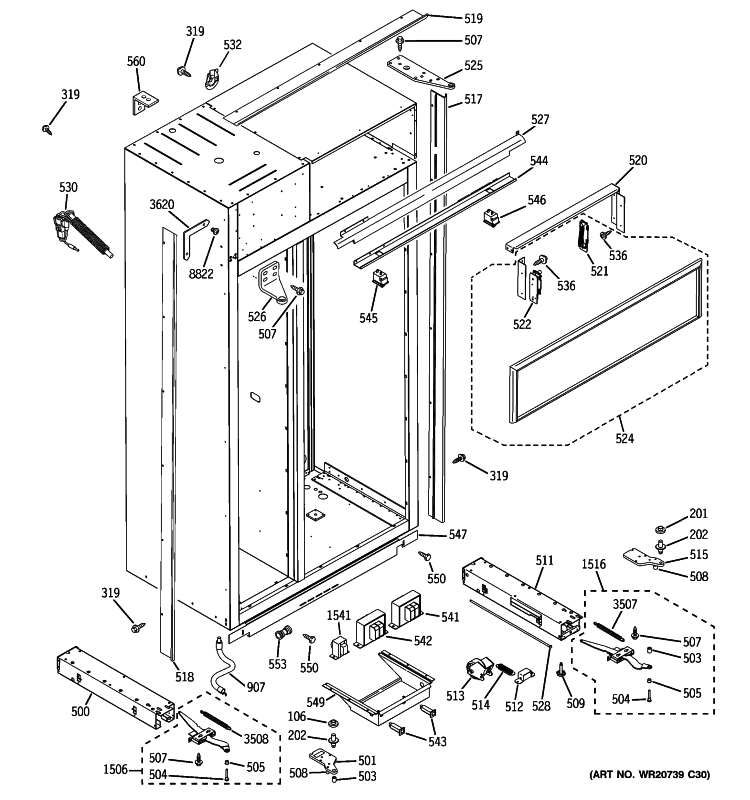 CASE PARTS Diagram and Parts List for ZISB360DXB  General Electric Refrigerator