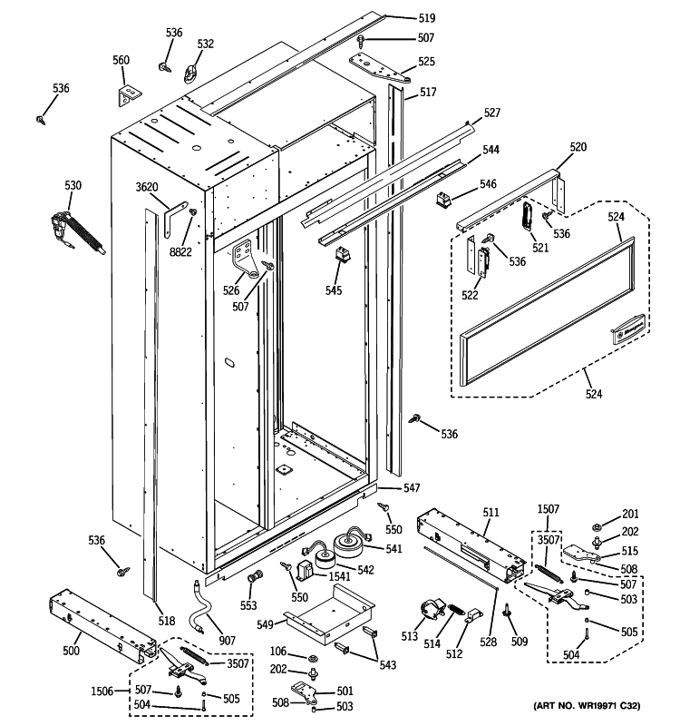 CASE PARTS Diagram and Parts List for ZISB480DXB  General Electric Refrigerator