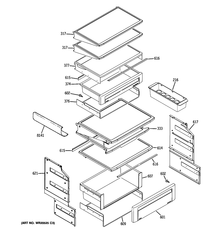 FRESH FOOD SHELVES Diagram and Parts List for ZSEP420DYBSS  General Electric Refrigerator