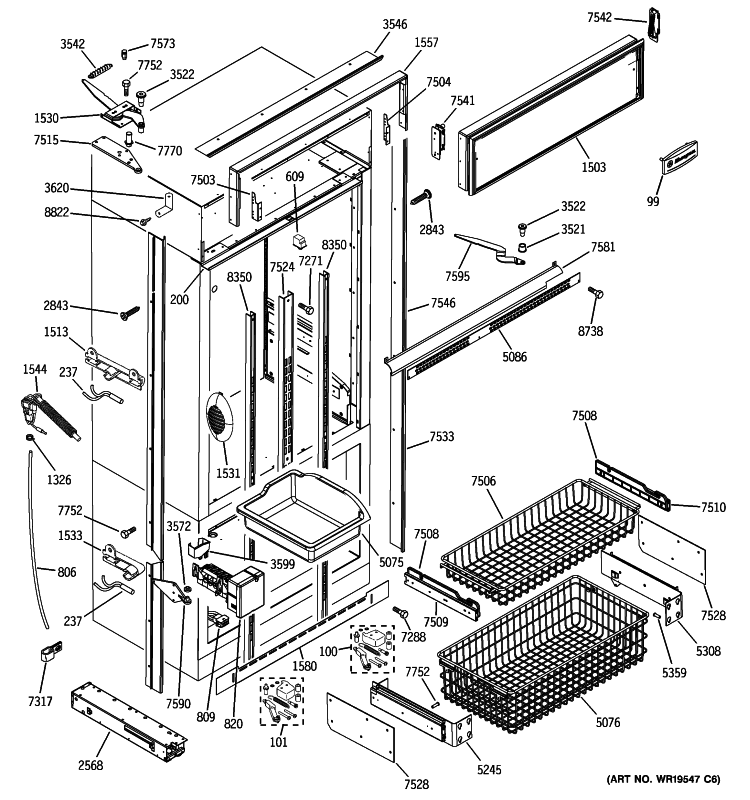 FREEZER SECTION, TRIM & COMPONENTS Diagram and Parts List for ZIC360NXALH  General Electric Refrigerator