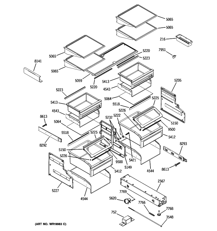 SHELVES & DRAWERS Diagram and Parts List for ZIC360NXALH  General Electric Refrigerator