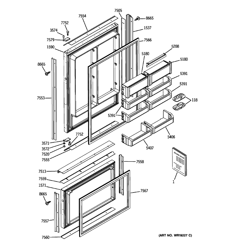 DOORS Diagram and Parts List for ZIC360NXARH  General Electric Refrigerator