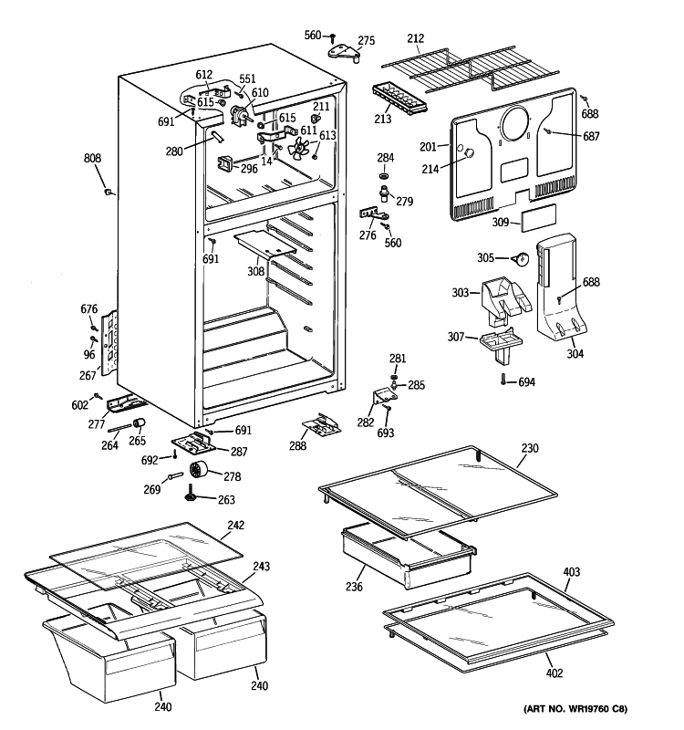 CABINET Diagram and Parts List for CTS17RBSHRWW  General Electric Refrigerator