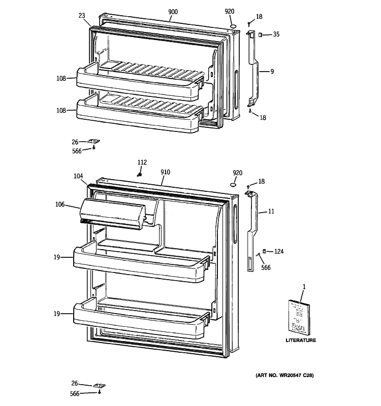 DOORS Diagram and Parts List for GTH16BBX2RCC  General Electric Refrigerator
