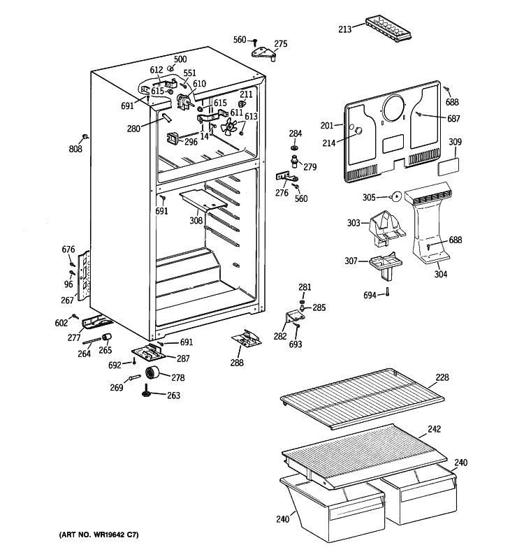 CABINET Diagram and Parts List for GTH16BBX2RCC  General Electric Refrigerator