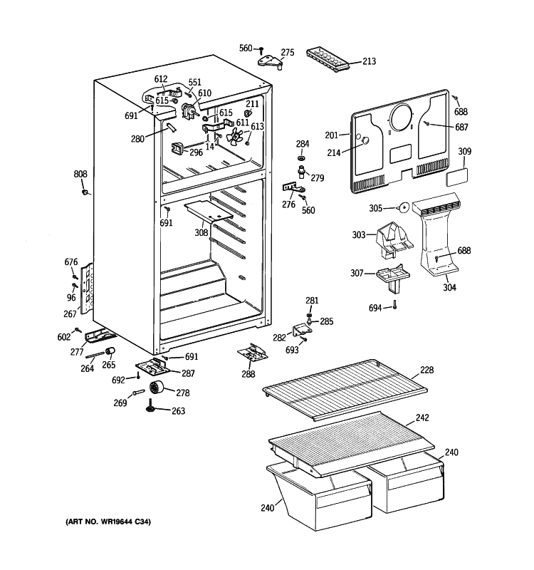 CABINET Diagram and Parts List for GTH18CBT2RBB  General Electric Refrigerator