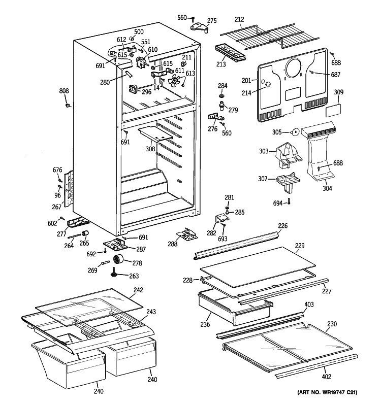 CABINET Diagram and Parts List for GTH18GBT2RCC  General Electric Refrigerator