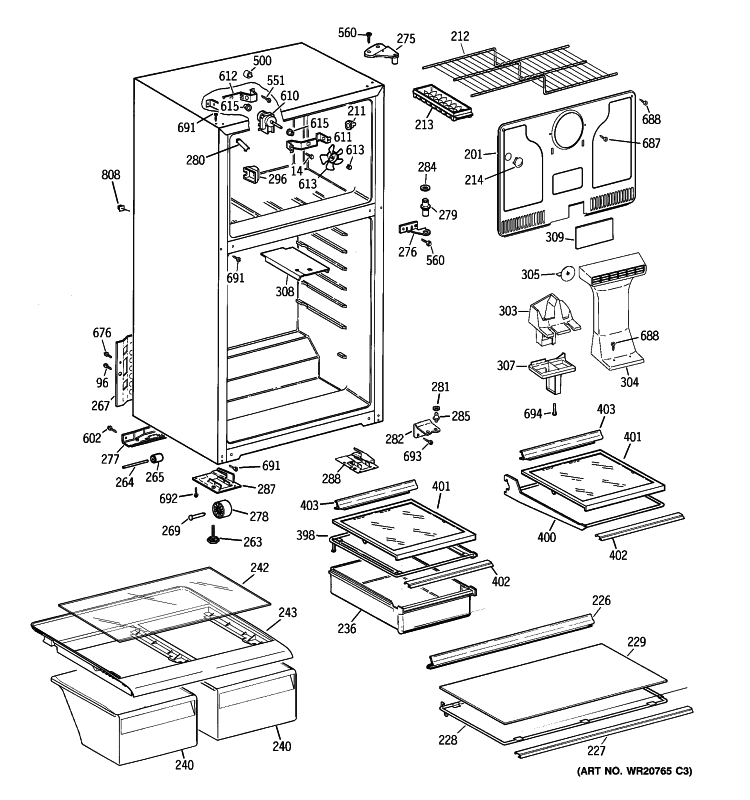 CABINET Diagram and Parts List for GTH18HBT2RCC  General Electric Refrigerator